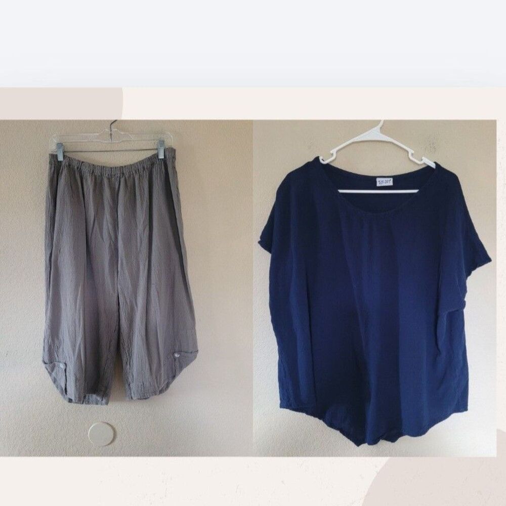 Oh My Gauze Set Size 3 Blue Top Gray Wide Leg Pant Relaxed Lagenlook Cotton Crop
